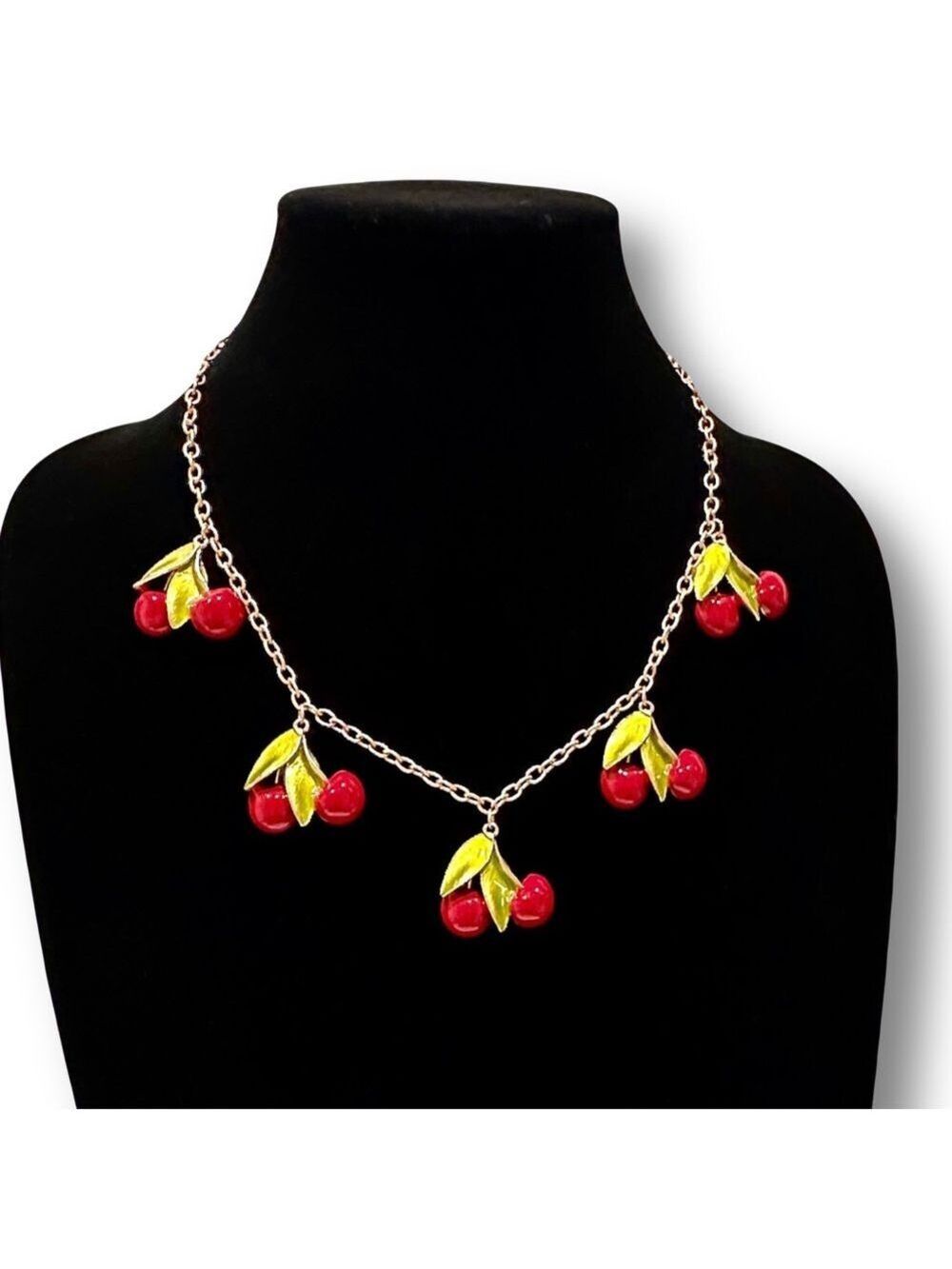 FASHIONABLE FRUIT | Cherries Jubilee Red & Green Enamel Charm Necklace​ | NIB - Picture 4 of 10